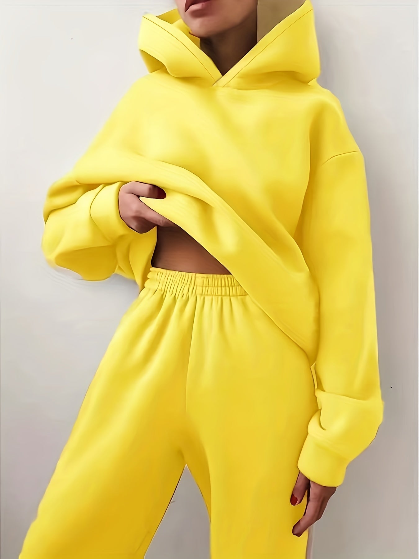 Casual Solid Two-piece Set, Kangaroo Pocket Hoodie & Elastic Waist Pants Outfits, Women's Clothing