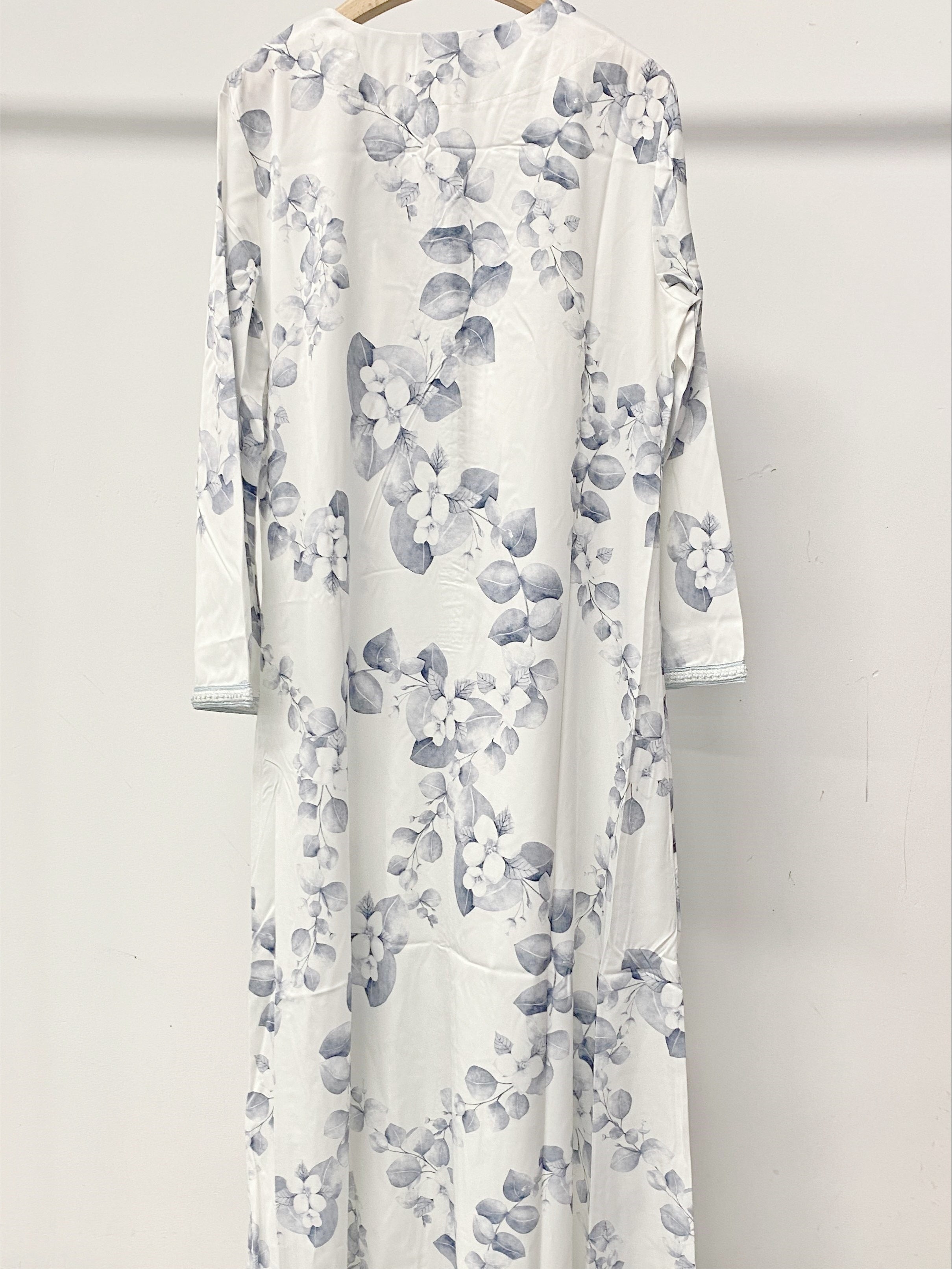 V-neck Long Sleeve Kaftan Dress, Casual Floral Print Splicing Braid Maxi Length Dress