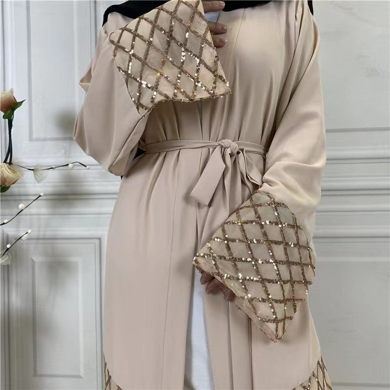 Long Sleeve Wrap Tied Kaftan Dress, Elegant Ruffle Hem Maxi Length Dress