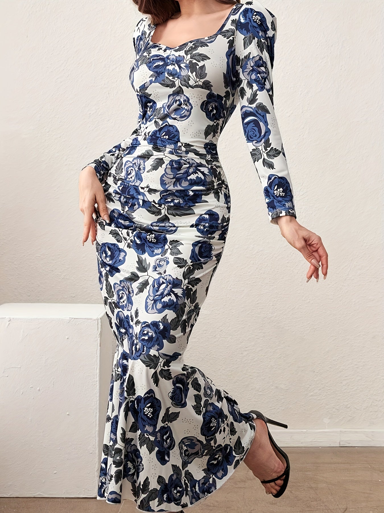 Floral Print Mermaid Hem Dress, Elegant Long Sleeve Sweetheart Neck Dress, Women's Clothing