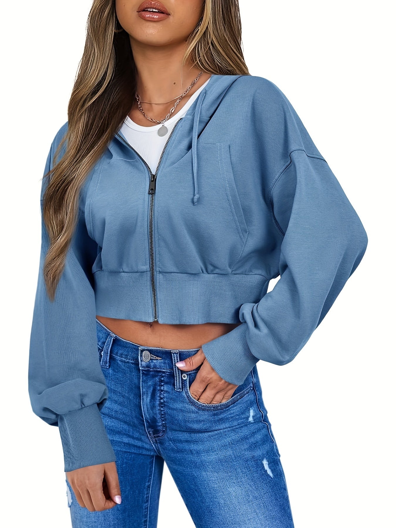 Women's Zip Up Cropped Hoodies Long Sleeve Sweatshirts Drawstring Casual Loose Hooded Hoodie Jackets