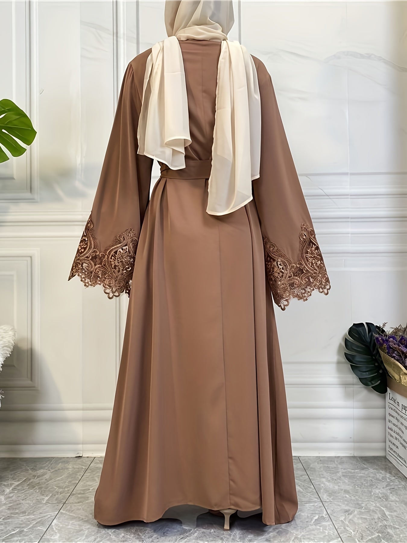 Lace Belted Long Sleeve Abayas Dress, Elegant Maxi Length Dress