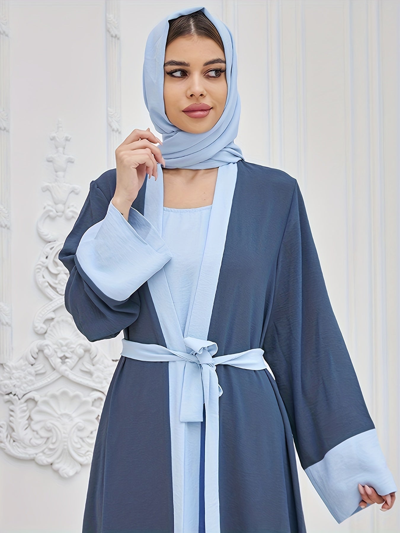 Elegant Two-piece abaya, Loose Tank Dress & Contrast Trim Open Front Tied Wrap Cardigan With Headscarf