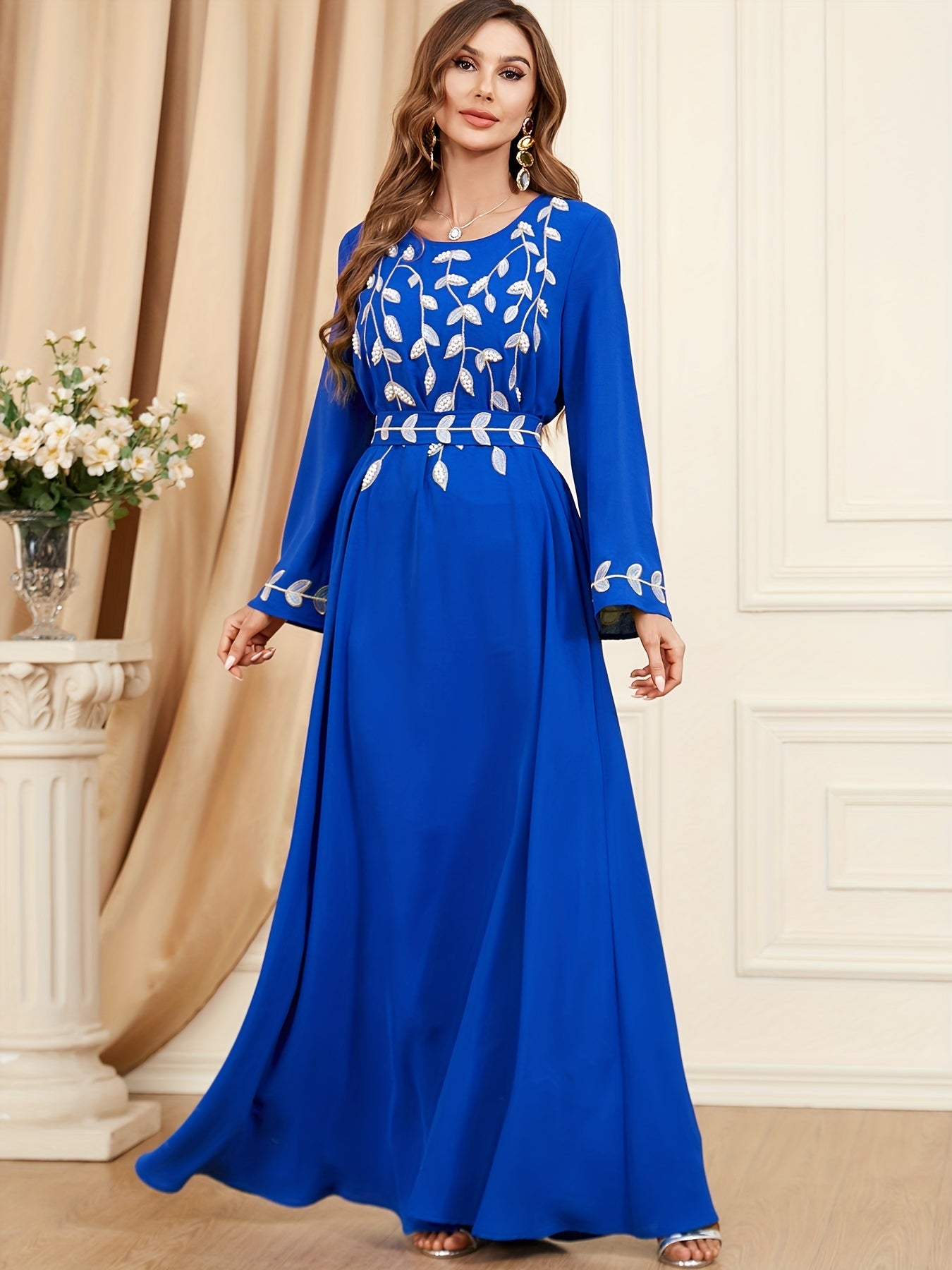 Crew Neck Embroidery Kaftan Dress, Elegant Tie-waist Long Sleeve Maxi Length Dress