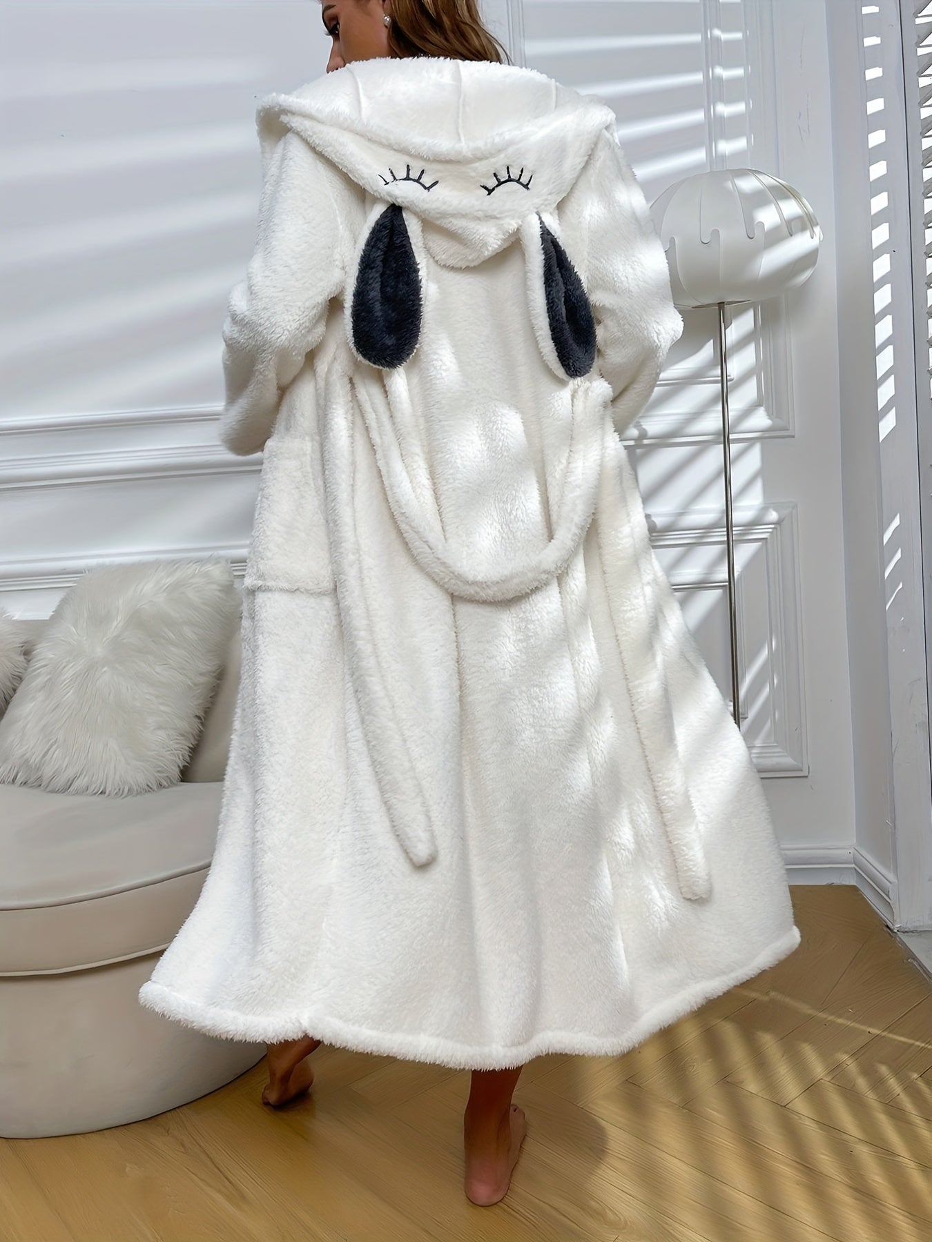 Cartoon Bunny Ears Hooded Robe, Long Sleeve Fuzzy Night Robe With Belt, Women's Sleepwear