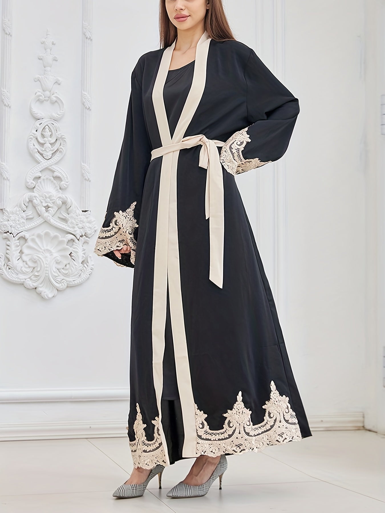 Contrast Lace Open Front Kaftan, Elegant Long Sleeve Maxi Dress