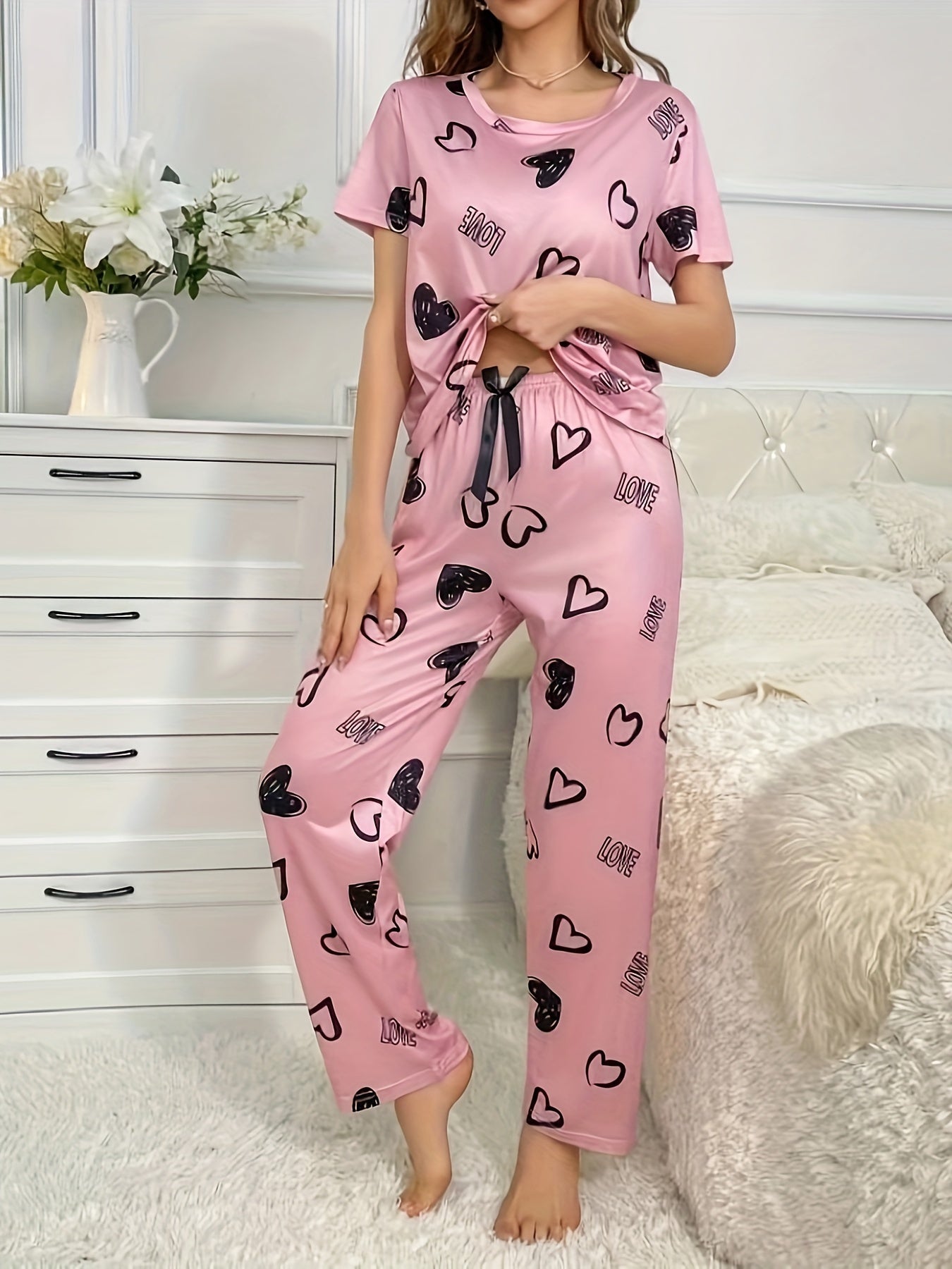 Casual Heart & Letter Print Pajama Set, Short Sleeve Crew Neck Top & Elastic Pants For Valentine's Day, Women's Sleepwear & Loungewear