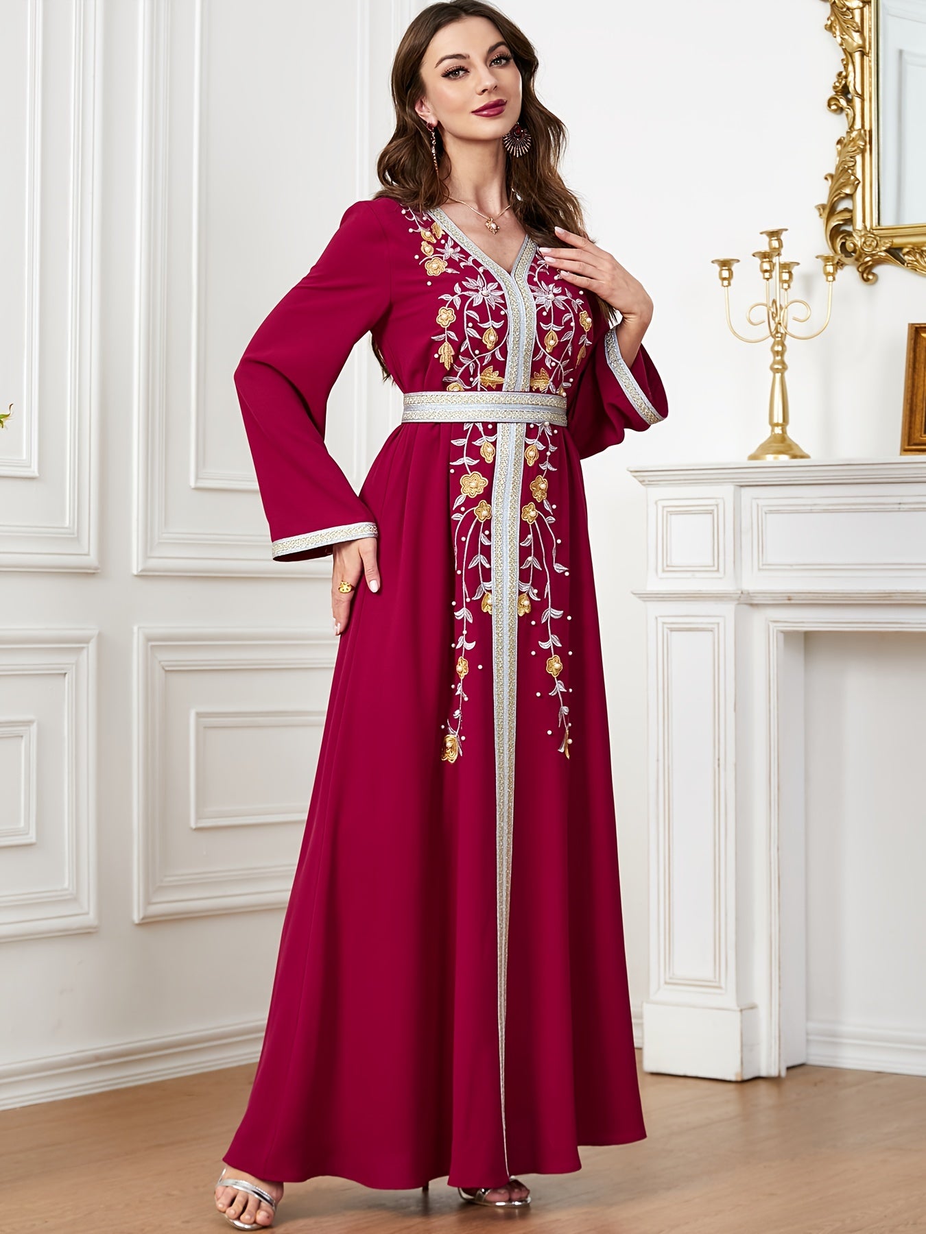 Floral Pattern V Neck Kaftan, Elegant Long Sleeve Belted Maxi Dress