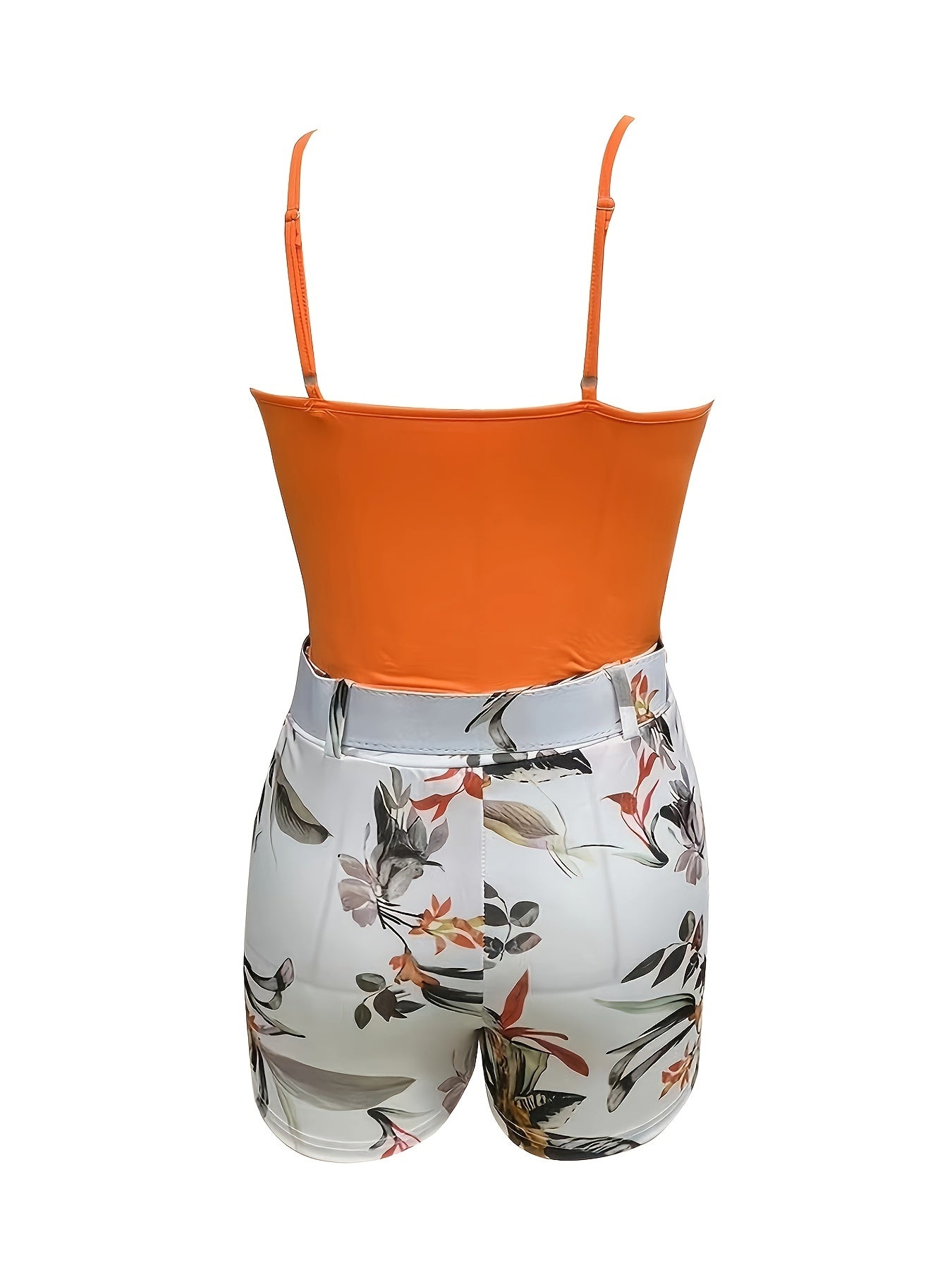 Casual Two-piece Set For Spring & Summer, Surplice Neck Cami Top & Floral Print Belt Shorts Outfits, Women's Clothing