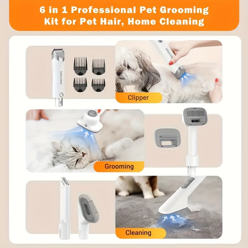 6 in 1 Pet Grooming Kit & Vacuum Suction 99% Pet Hair, Professional Clippers with 5 Proven Grooming Tools s