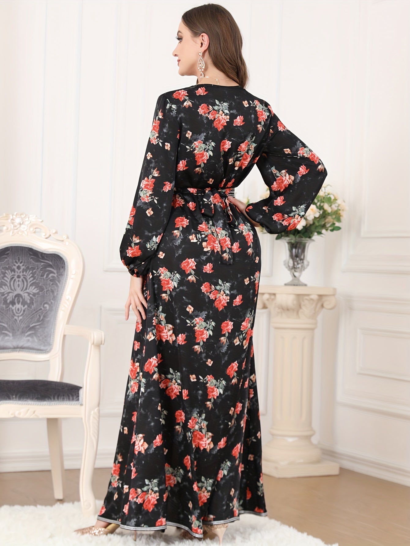 Floral Print V Neck Kaftan, Elegant Long Sleeve Maxi Dress