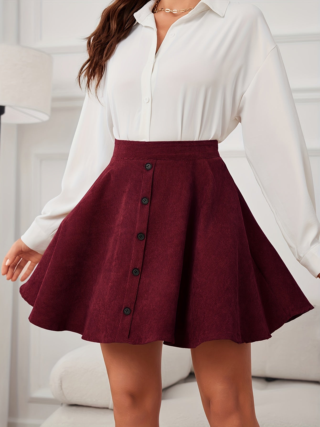 Solid High Waist Corduroy Skirt, Elegant Button Front Ruffle Mini Skirt, Women's Clothing