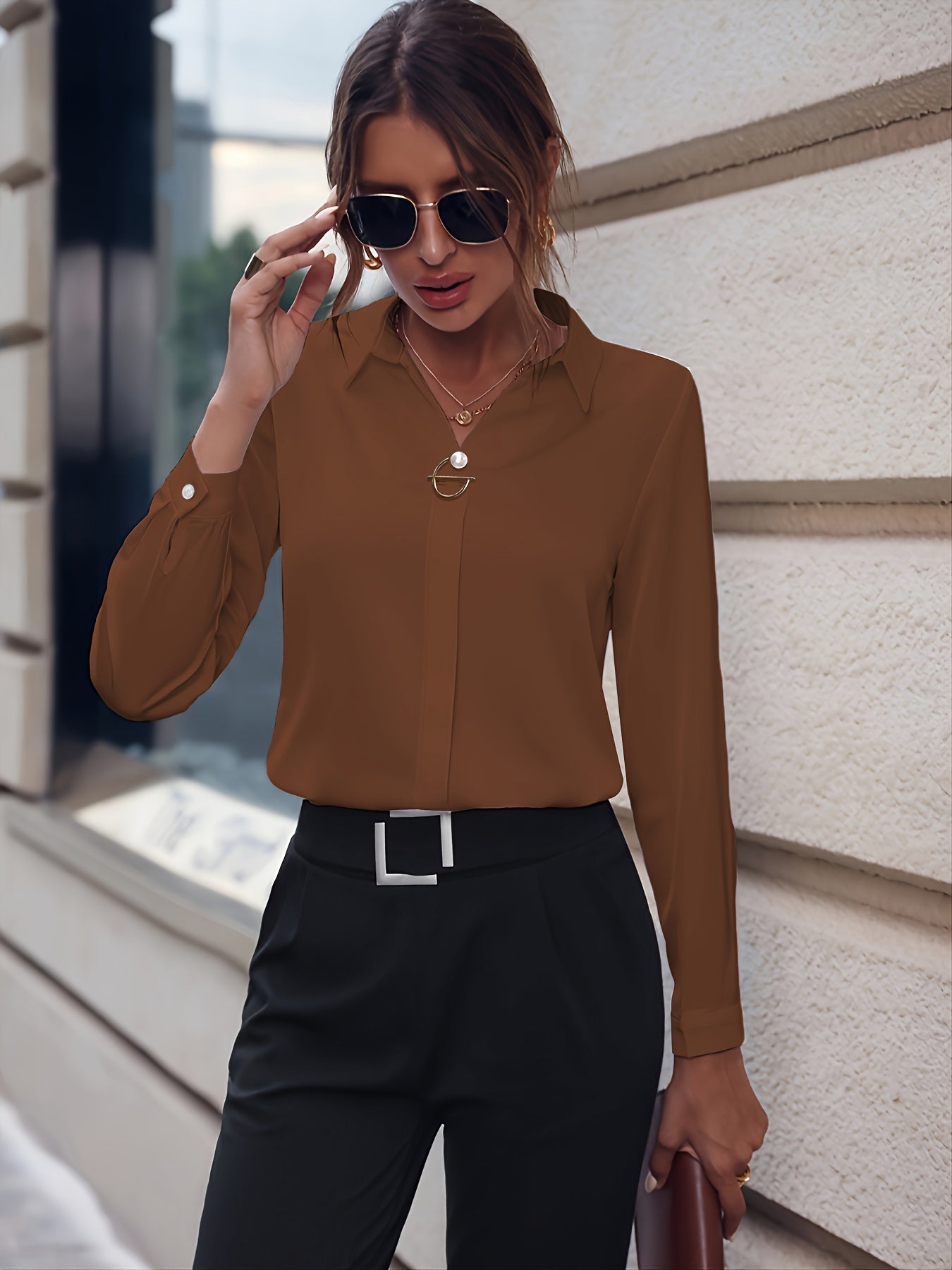 Solid Lapel Slim Shirt, Elegant Long Sleeve Shirt, Women's Clothing