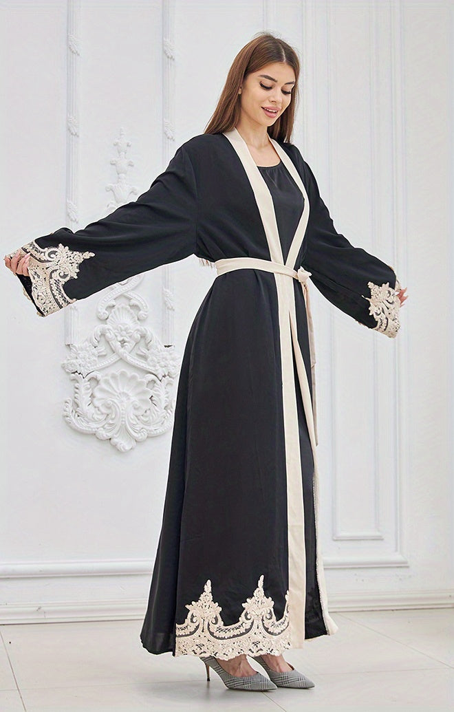 Contrast Lace Open Front Kaftan, Elegant Long Sleeve Maxi Dress