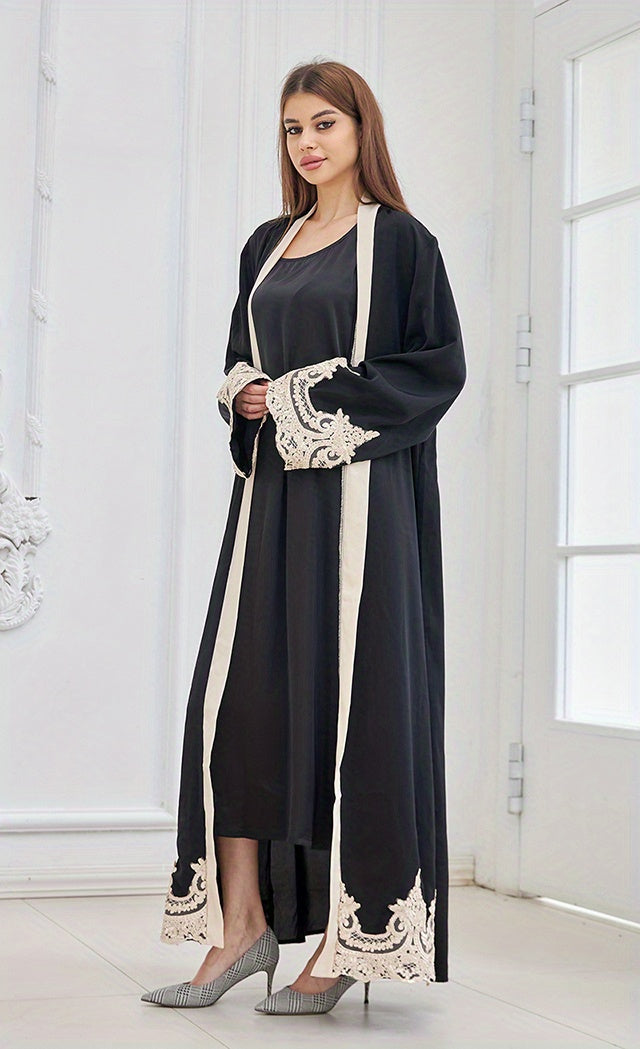 Contrast Lace Open Front Kaftan, Elegant Long Sleeve Maxi Dress