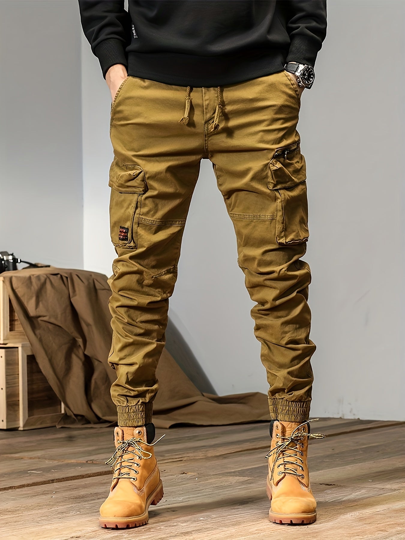 Men's Solid Cargo Pants With Multi Pockets, Cotton Drawstring Joggers For Outdoor