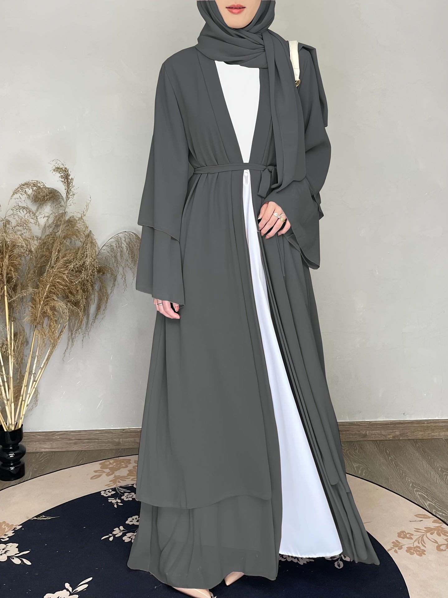 Solid Tie Waist Modest Dress, Elegant Layered Hem Maxi Length Dress