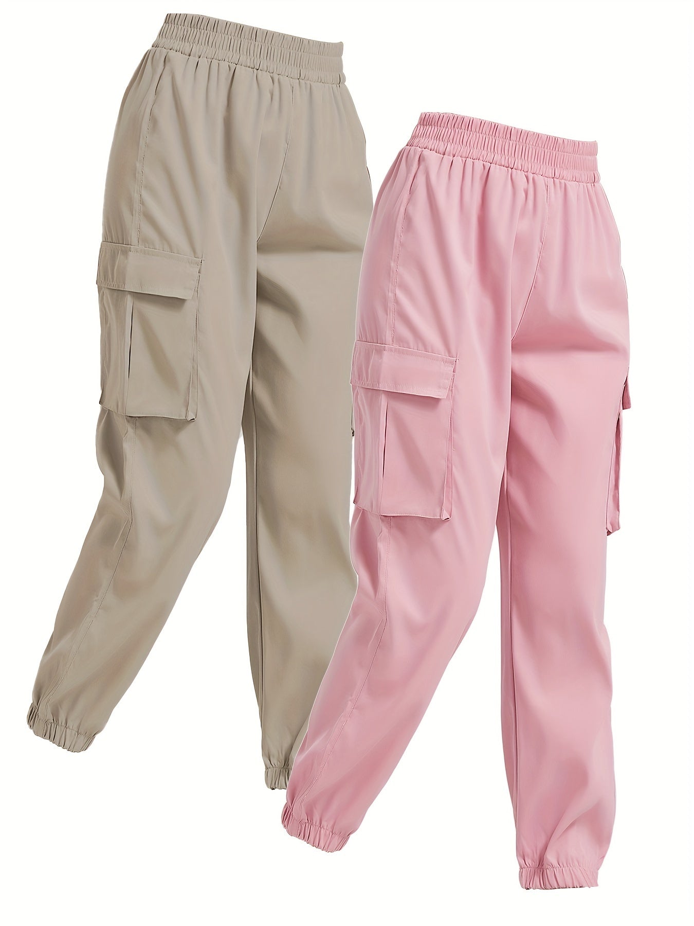 2 Pack Solid Jogger Cargo Pants, Casual Flap Pocket Elastic Waist Pants, Women's Clothing