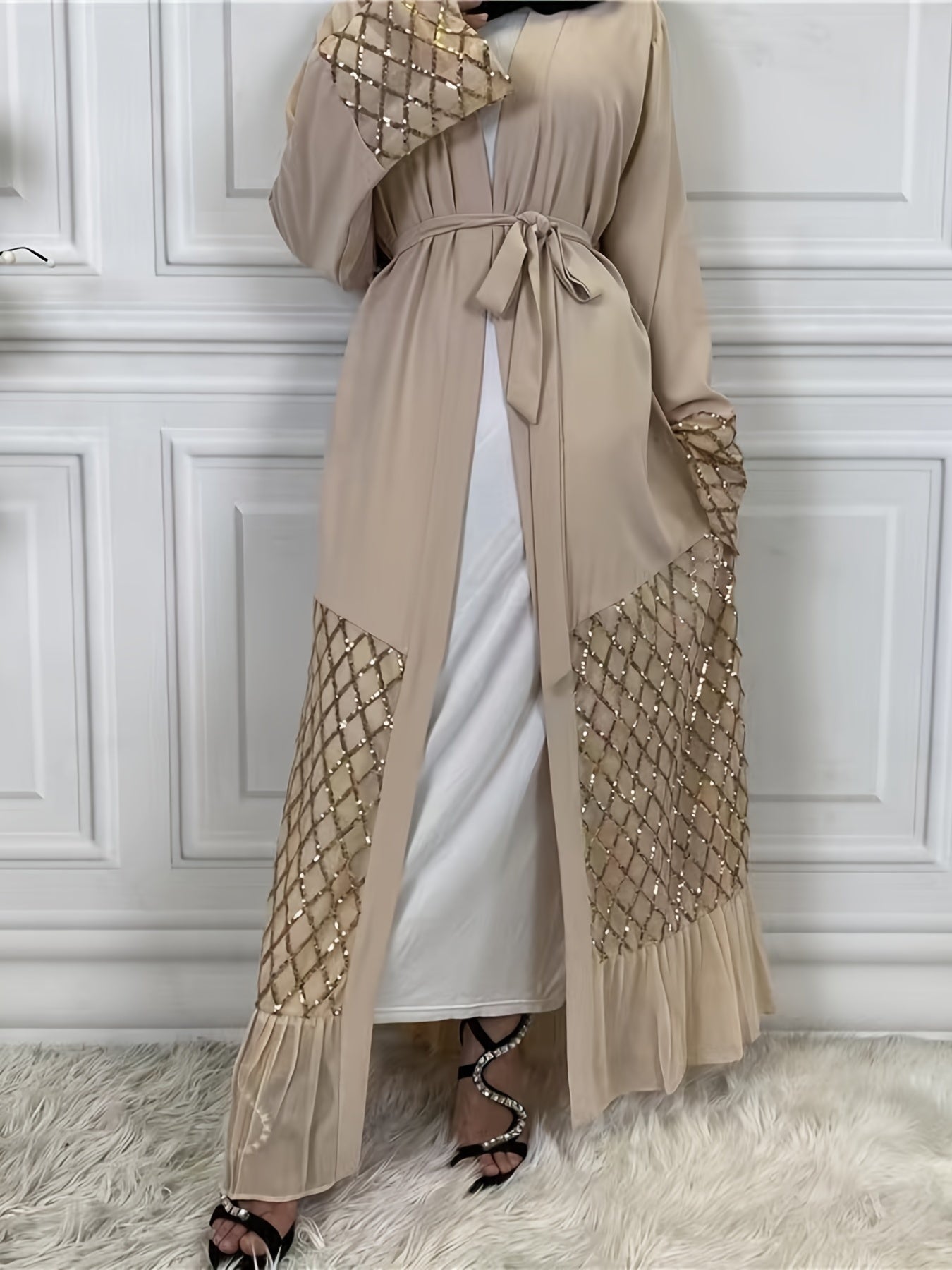 Long Sleeve Wrap Tied Kaftan Dress, Elegant Ruffle Hem Maxi Length Dress