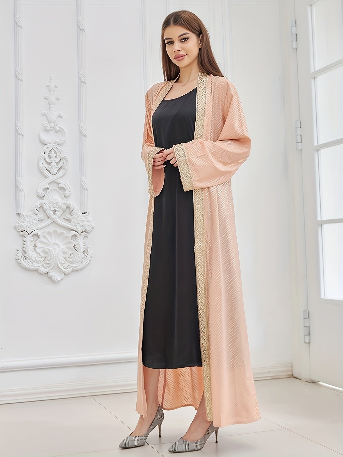 Open Front Long Sleeve Kaftan Dress, Elegant Tie-waist Maxi Length Dress