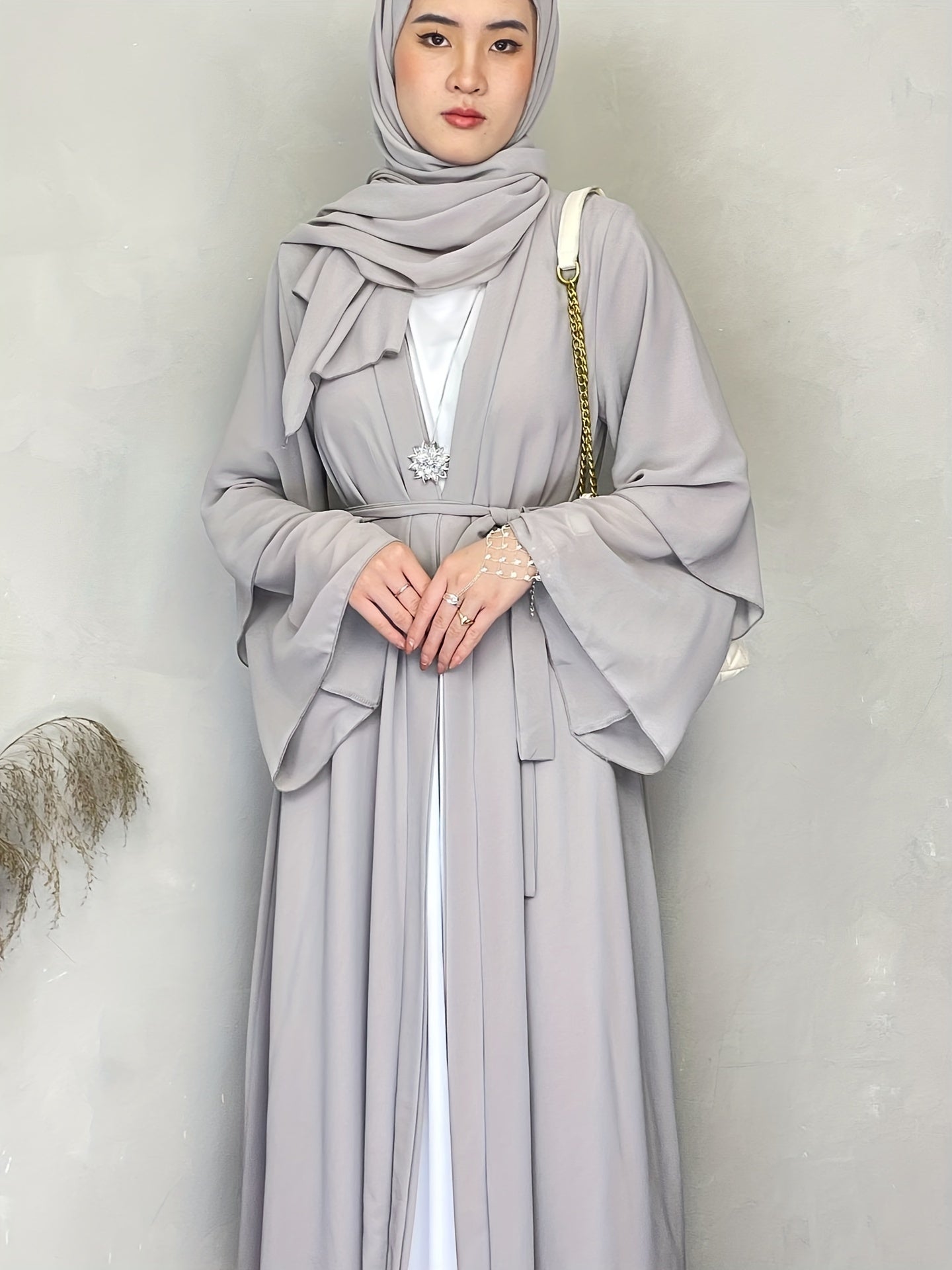 Solid Tie Waist Modest Dress, Elegant Layered Hem Maxi Length Dress