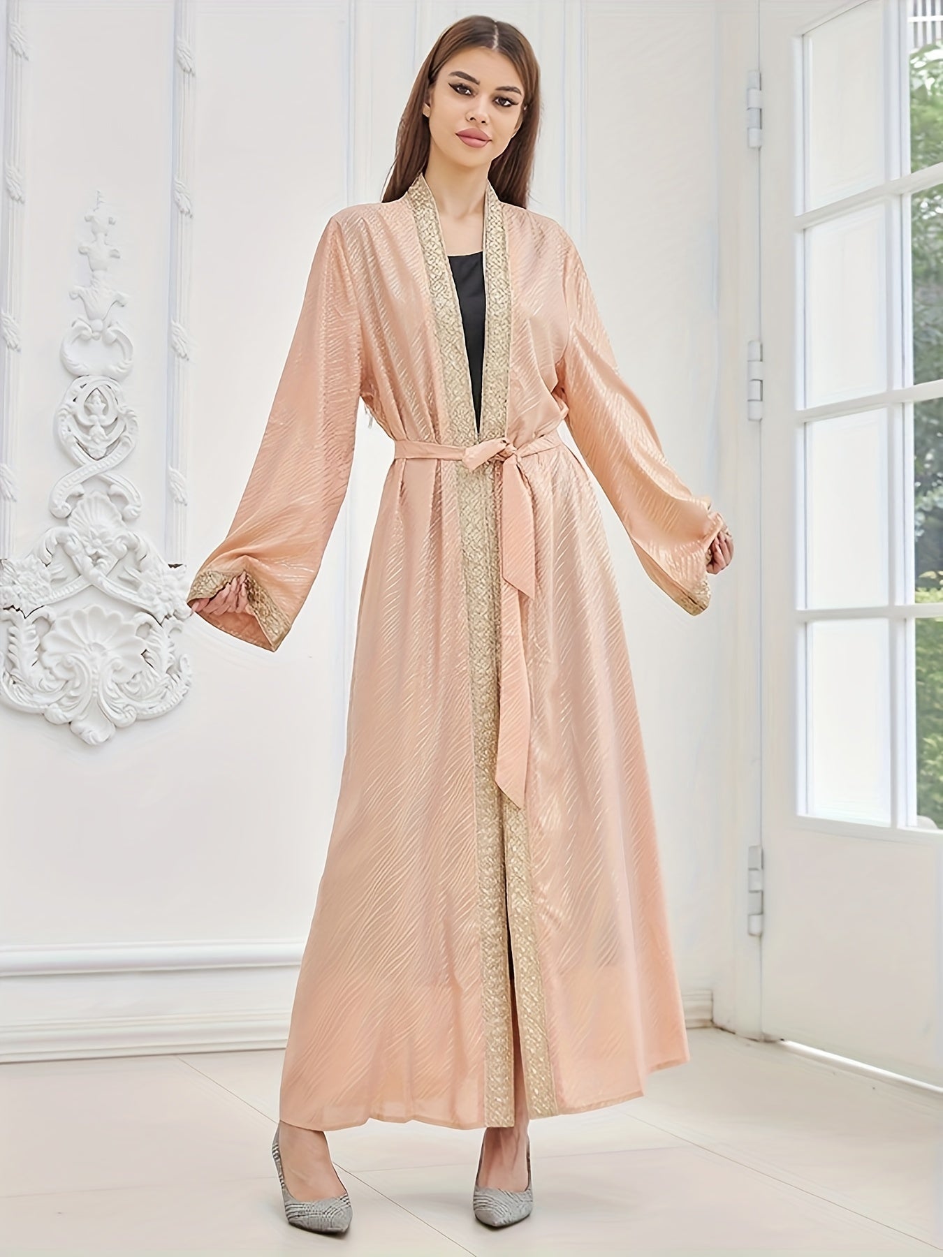 Open Front Long Sleeve Kaftan Dress, Elegant Tie-waist Maxi Length Dress