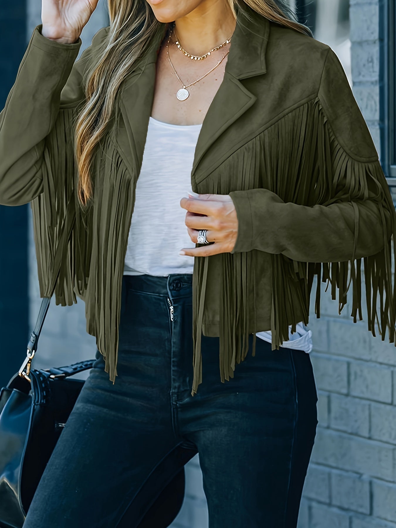 Cropped Fringe Suede Faux Leather Motorcycle Jacket, Fashion Tassel Lightweight Solid Jacket, Women's Clothing