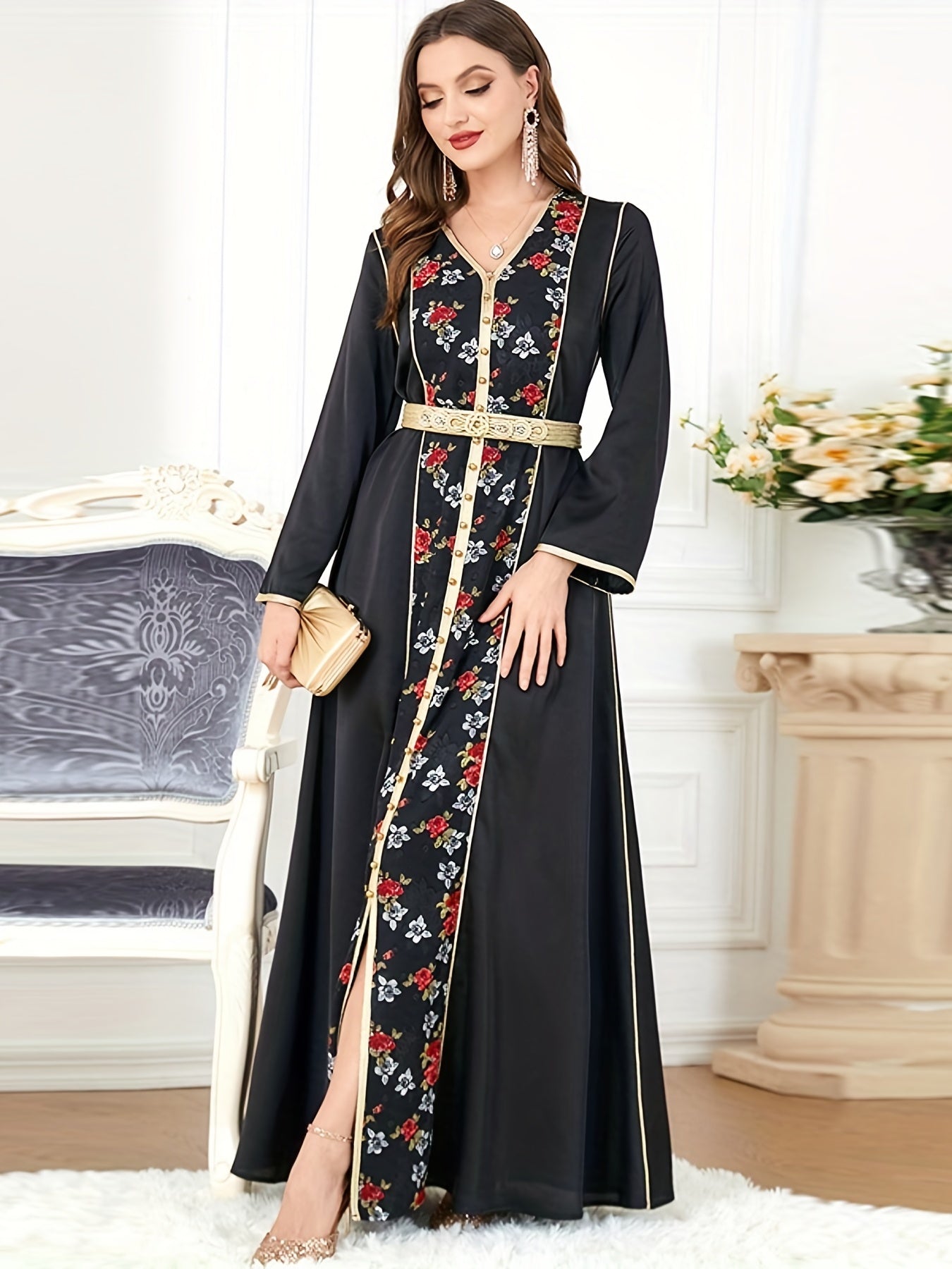 Ethnic Floral Print Kaftan, V Neck Long Sleeve Loose Dress With Belted