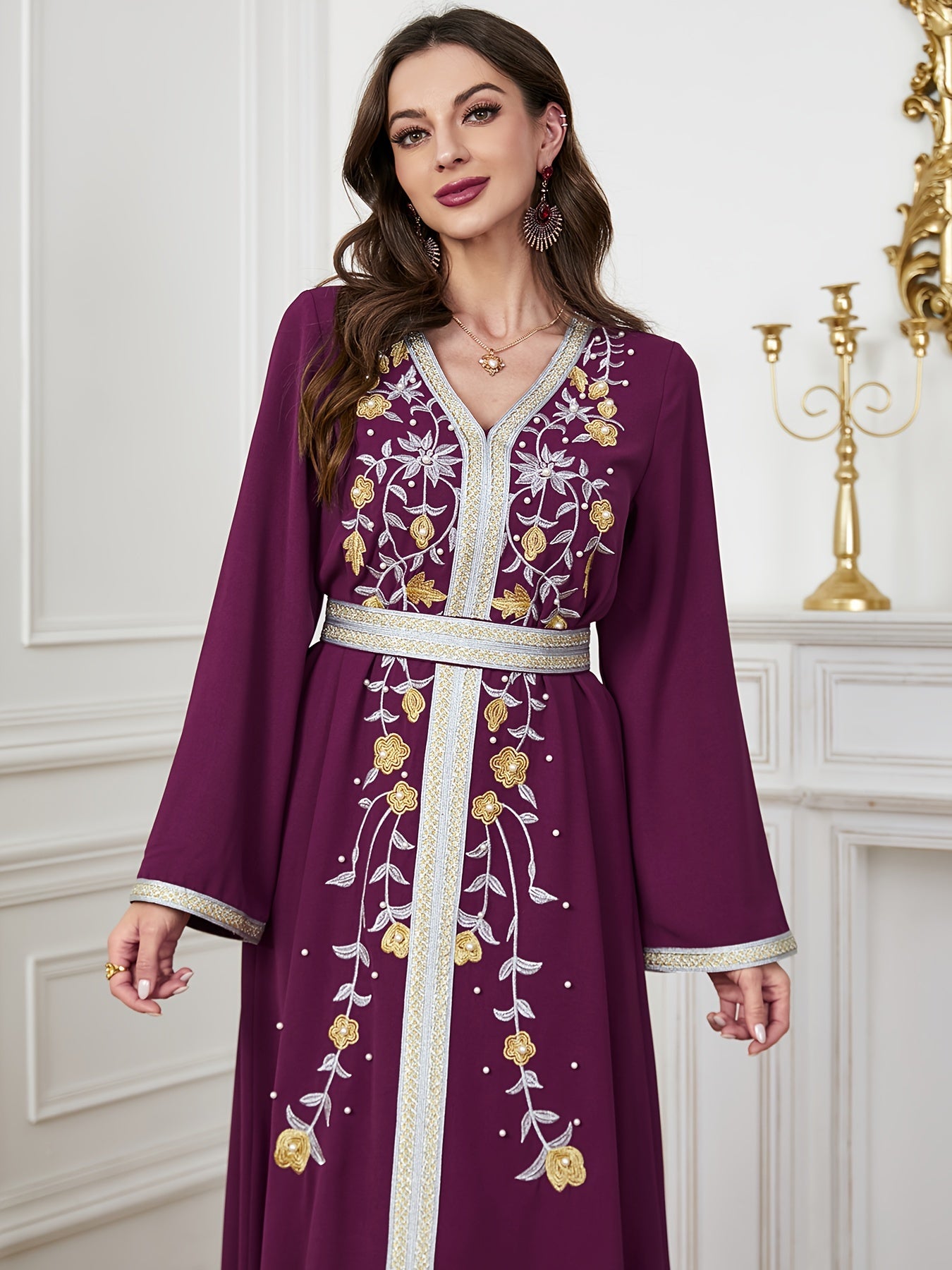 Floral Pattern V Neck Kaftan, Elegant Long Sleeve Belted Maxi Dress