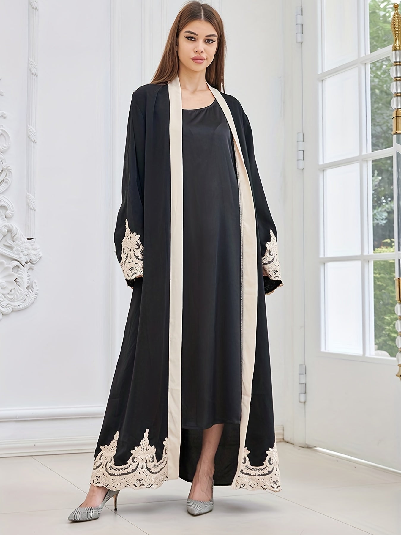 Contrast Lace Open Front Kaftan, Elegant Long Sleeve Maxi Dress