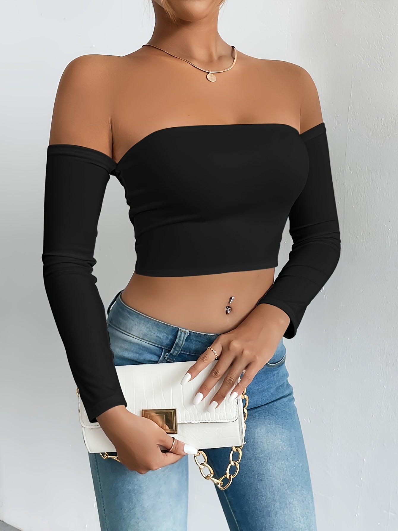 Solid Color Off-shoulder Crop Top, Sexy Long Sleeve Slim Top, Women's Clothing