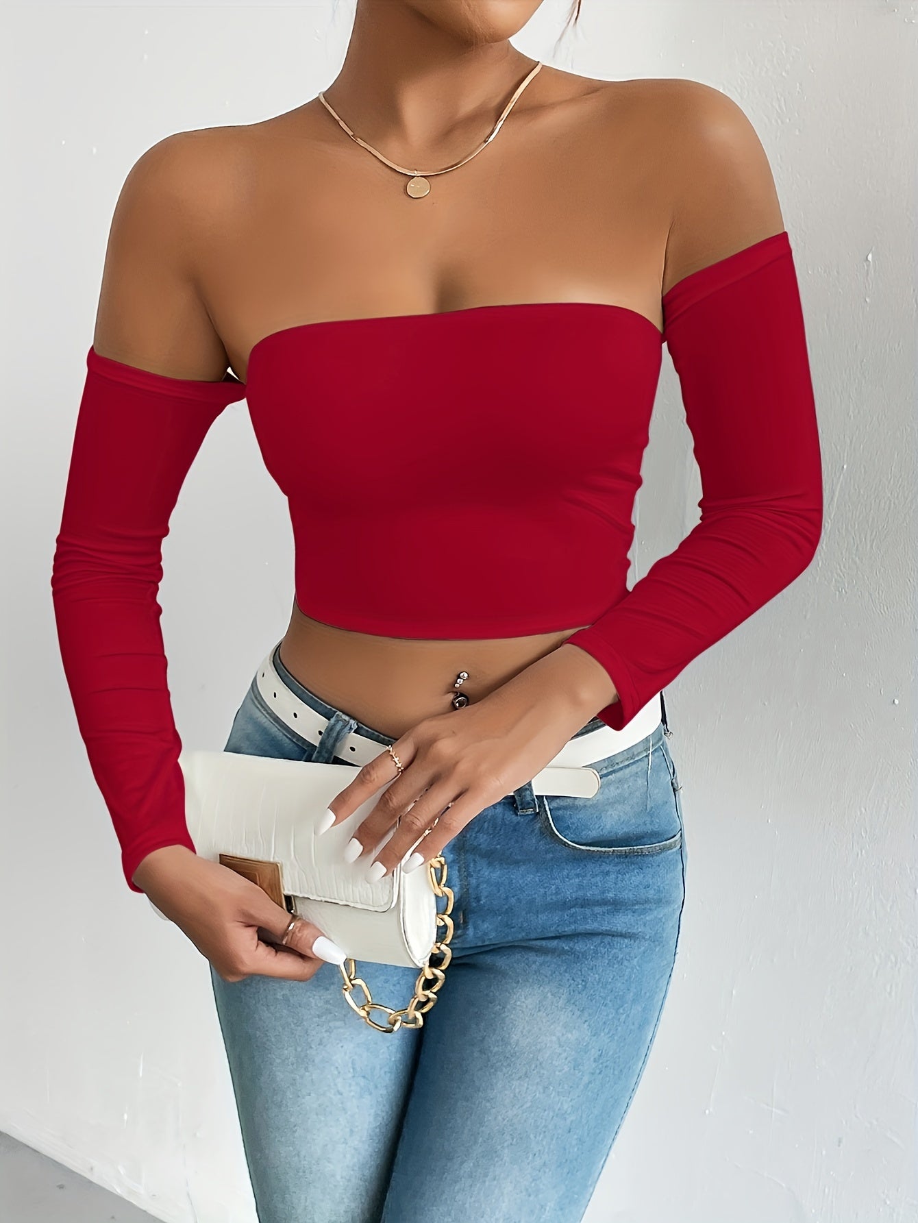 Solid Color Off-shoulder Crop Top, Sexy Long Sleeve Slim Top, Women's Clothing