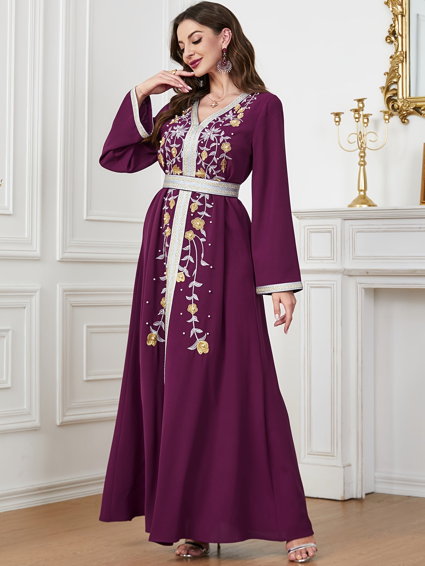 Floral Pattern V Neck Kaftan, Elegant Long Sleeve Belted Maxi Dress