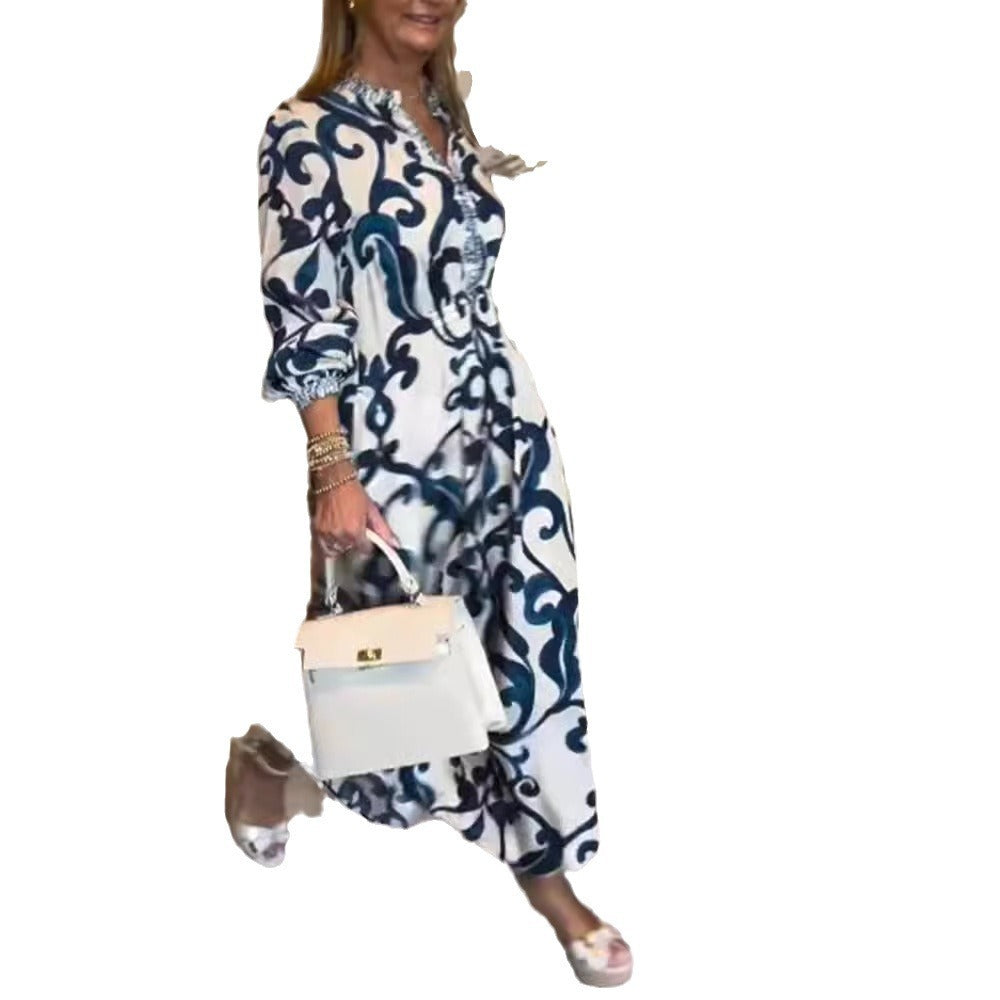 Women's Printed V-neck Long-sleeve Dress