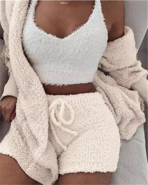 Winter Sexy Frauen Homewear Anzug Casual Pyjamas Set Dame Weibliche Weiche Warme Langarm Freiliegende Nabel Weste Shorts Set