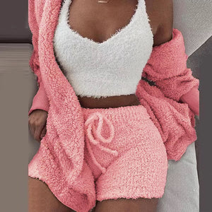 Winter Sexy Frauen Homewear Anzug Casual Pyjamas Set Dame Weibliche Weiche Warme Langarm Freiliegende Nabel Weste Shorts Set