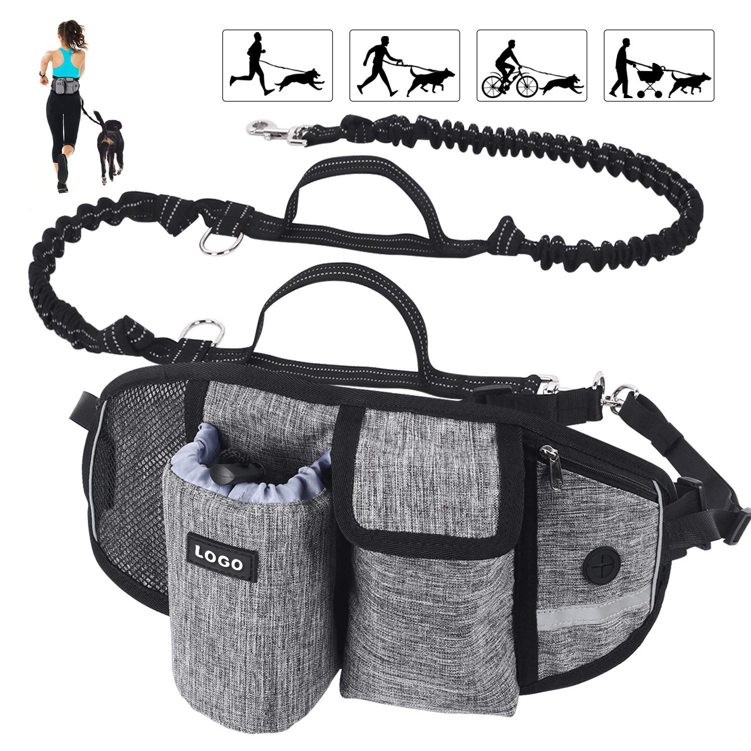 Dog Training Leash Waist Bag Hands-Free Outdoor Pet Running Walking Leash Portable Dog Food Water Cup Storage Bags