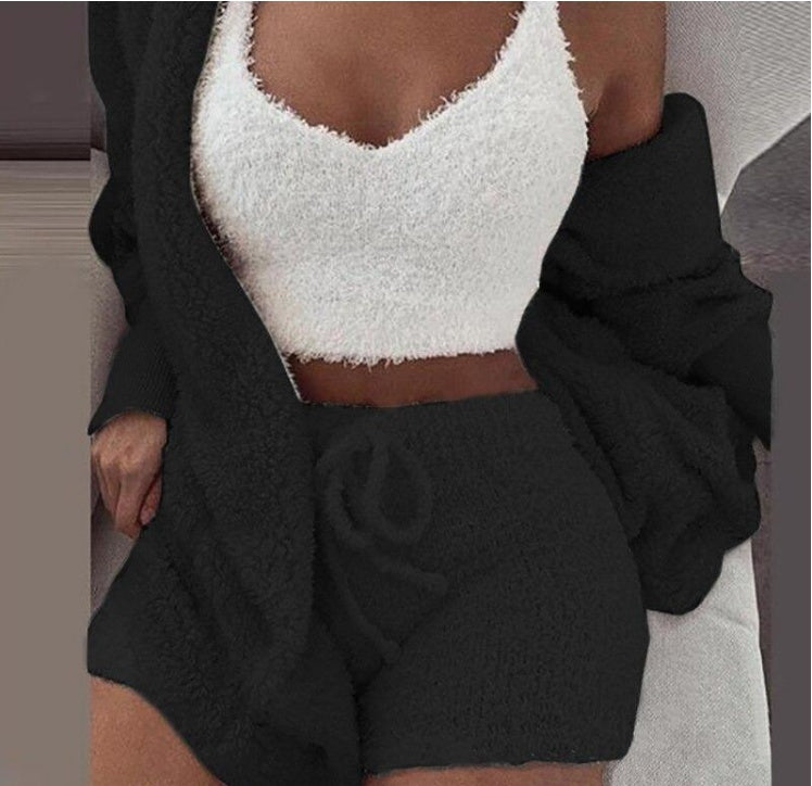 Winter Sexy Frauen Homewear Anzug Casual Pyjamas Set Dame Weibliche Weiche Warme Langarm Freiliegende Nabel Weste Shorts Set