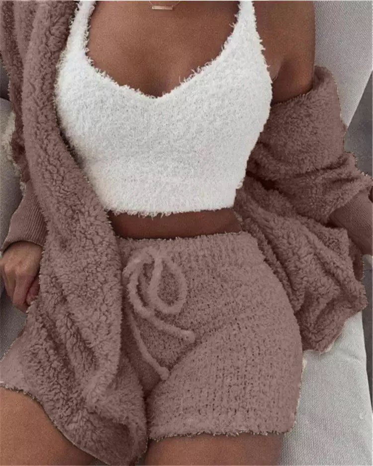 Winter Sexy Frauen Homewear Anzug Casual Pyjamas Set Dame Weibliche Weiche Warme Langarm Freiliegende Nabel Weste Shorts Set