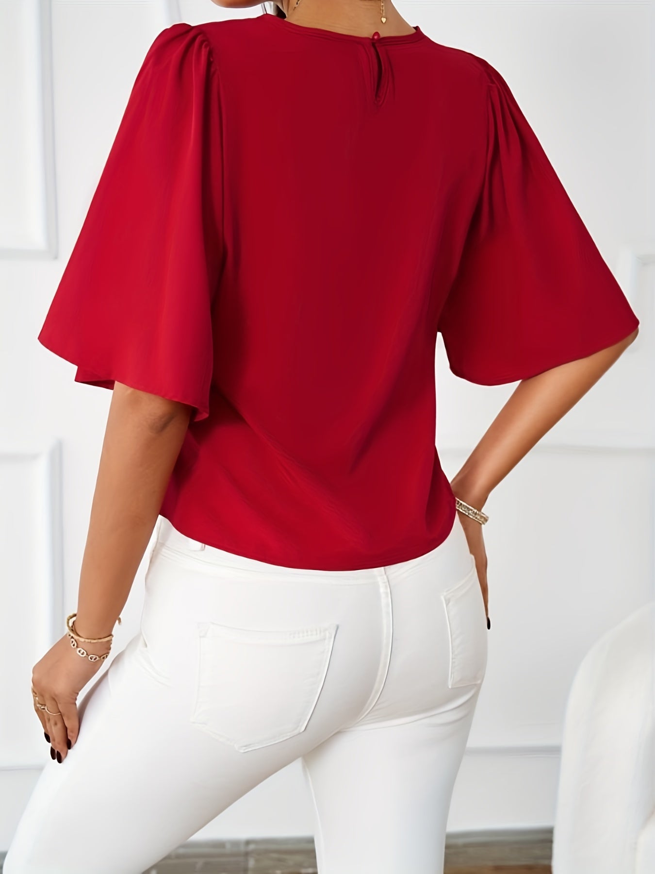 Solid Crew Neck Blouse, Elegant Ruffle Sleeve Blouse, Women's Clothing