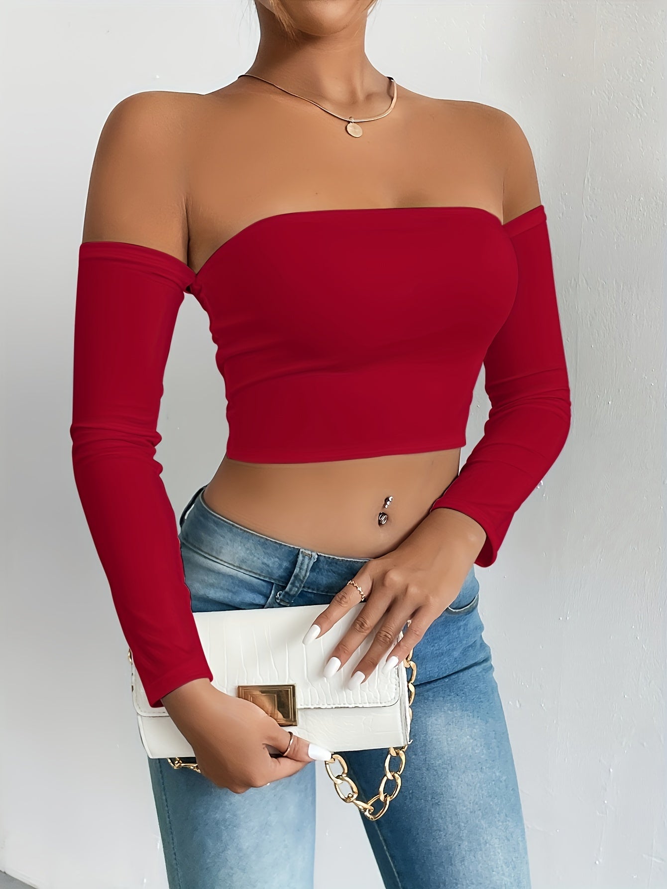 Solid Color Off-shoulder Crop Top, Sexy Long Sleeve Slim Top, Women's Clothing