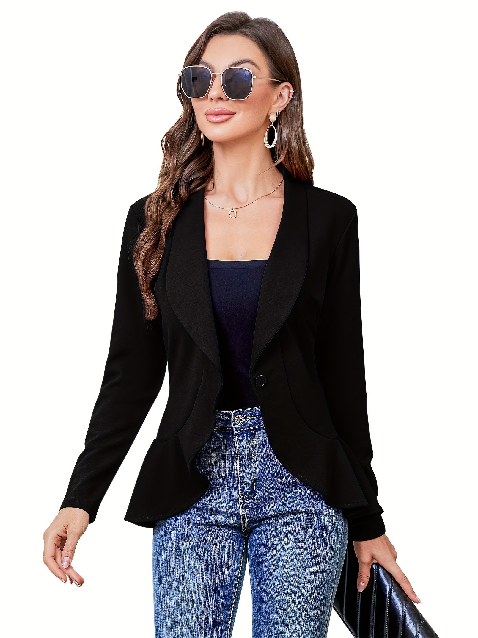 Womens Casual Blazer Long Sleeve Open Front Ruffle Work Office Cardigan Suit Jacket