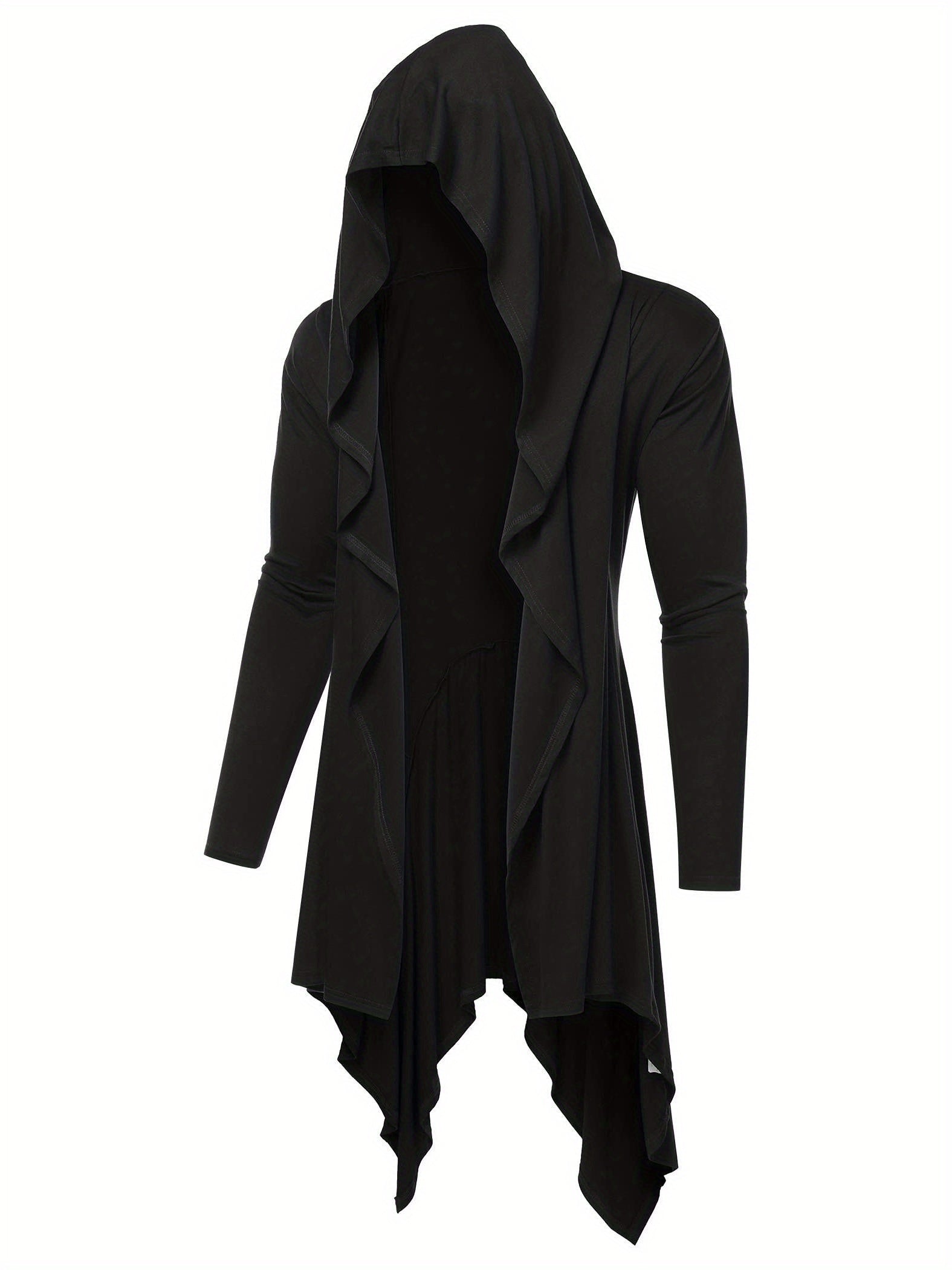 Long Hooded Cardigan Ruffle Shawl Collar Open Front Lightweight Drape Cape Overcoat with Pockets