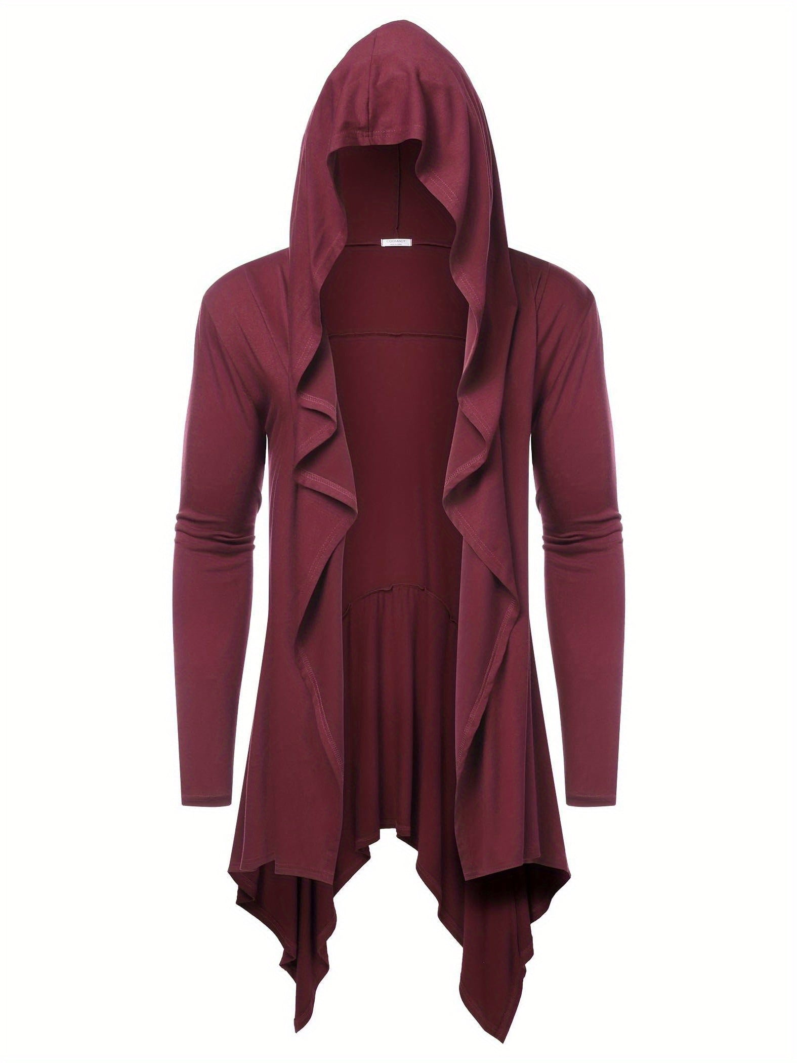 Long Hooded Cardigan Ruffle Shawl Collar Open Front Lightweight Drape Cape Overcoat with Pockets