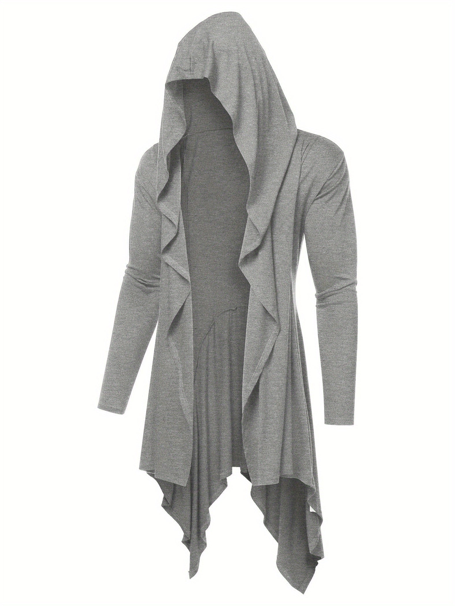 Long Hooded Cardigan Ruffle Shawl Collar Open Front Lightweight Drape Cape Overcoat with Pockets