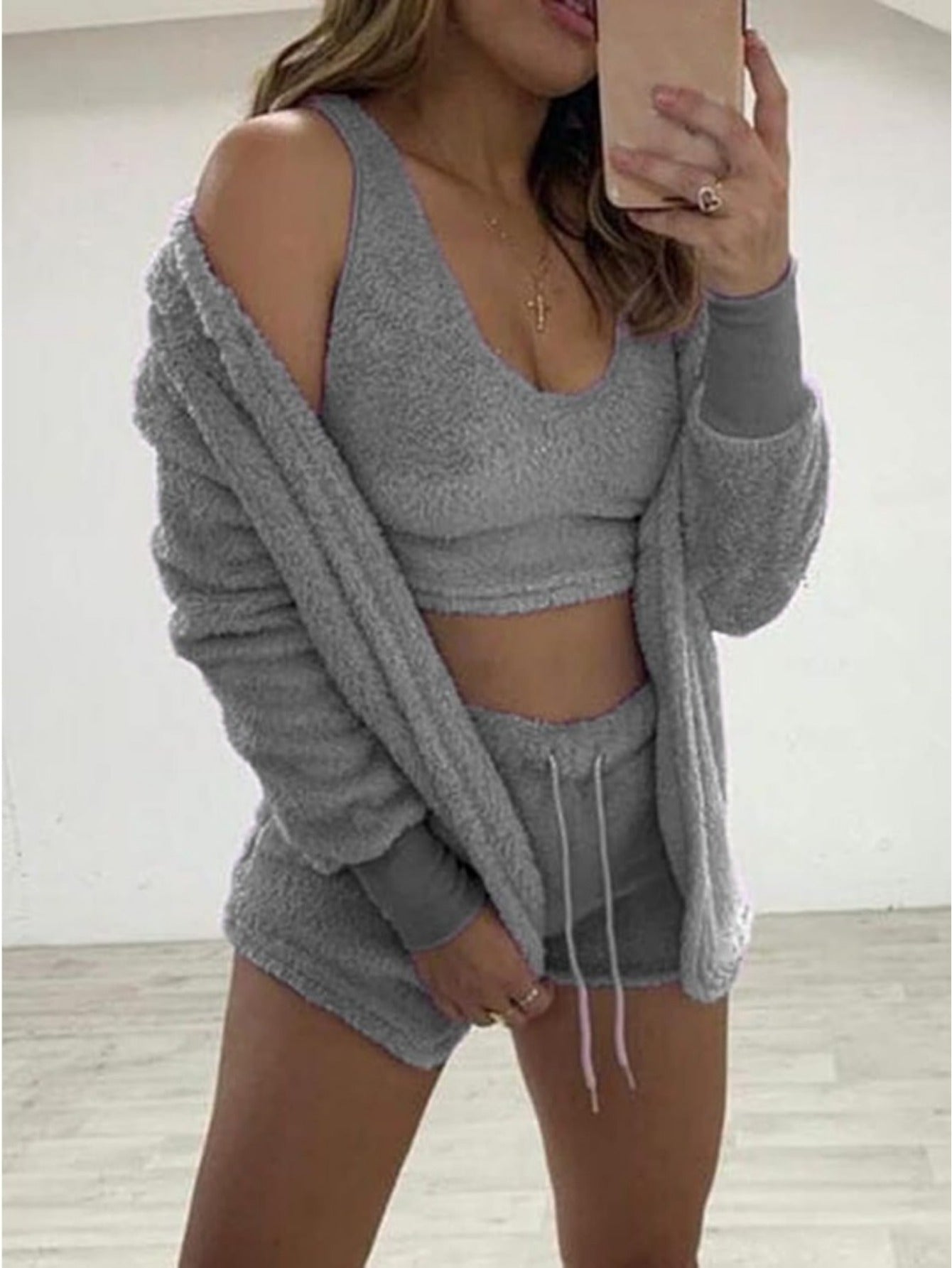 Women's Sexy Fuzzy 3 Piece Outfits Fleece Warm Hooded Cardigan Crop Top Shorts Set Pajamas Loungewear Halloween Chirstmas Home