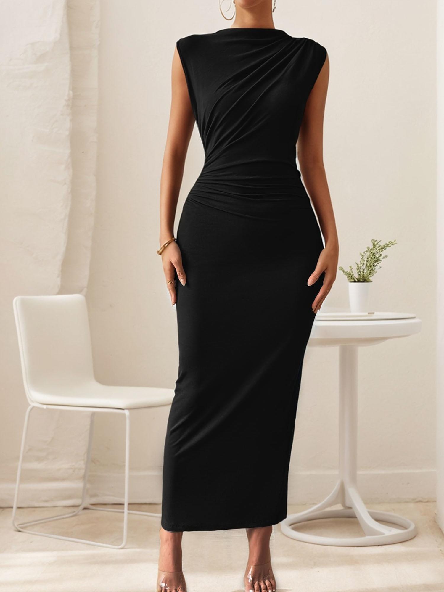 Women's Elegant Ruched Bodycon Dress Casual Sleeveless Back Slit Club Evening Party Cocktail Maxi Dresses