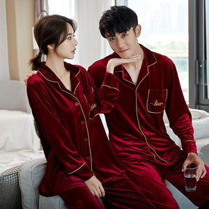 Couple Pajamas Women's Spring And Autumn Men's Long-sleeved Red Gold Velvet Home Wear