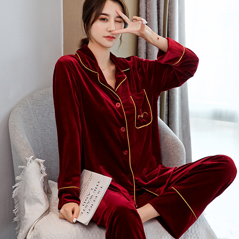 Couple Pajamas Women's Spring And Autumn Men's Long-sleeved Red Gold Velvet Home Wear