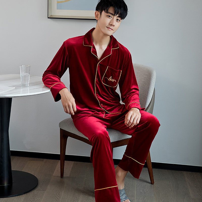 Couple Pajamas Women's Spring And Autumn Men's Long-sleeved Red Gold Velvet Home Wear